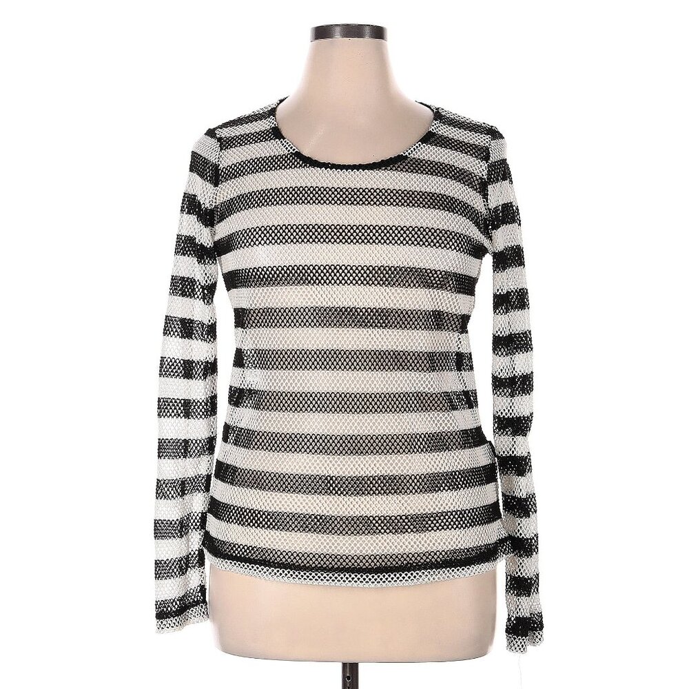 Sheer Black White Stripe Mesh Fishnet Shirt Top EUC GOTH PUNK